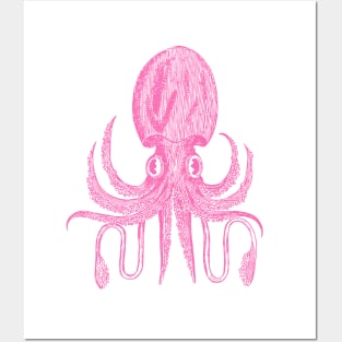 Cute Octopus Drawing in Bright Pink Posters and Art